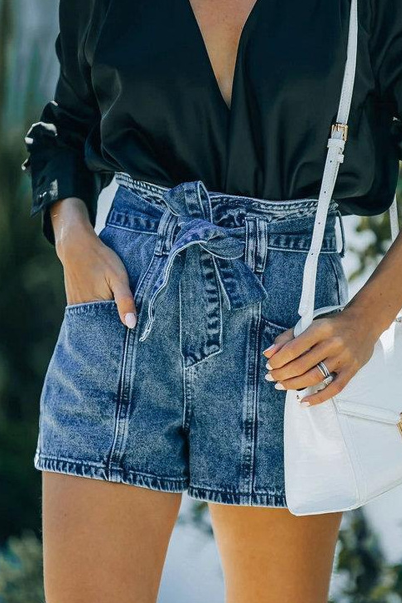 Solid Pocket With Belt High Waist Denim Shorts