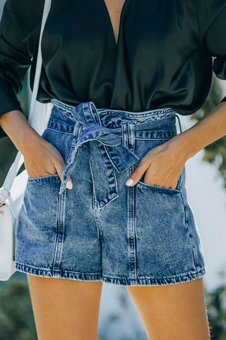 Solid Pocket With Belt High Waist Denim Shorts