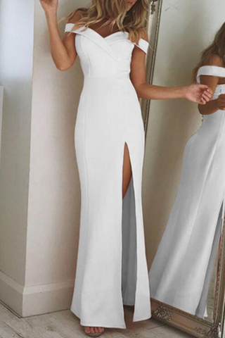 Solid Backless High Opening Off the Shoulder Irregular Dresses