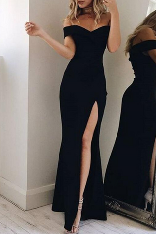 Solid Backless High Opening Off the Shoulder Irregular Dresses