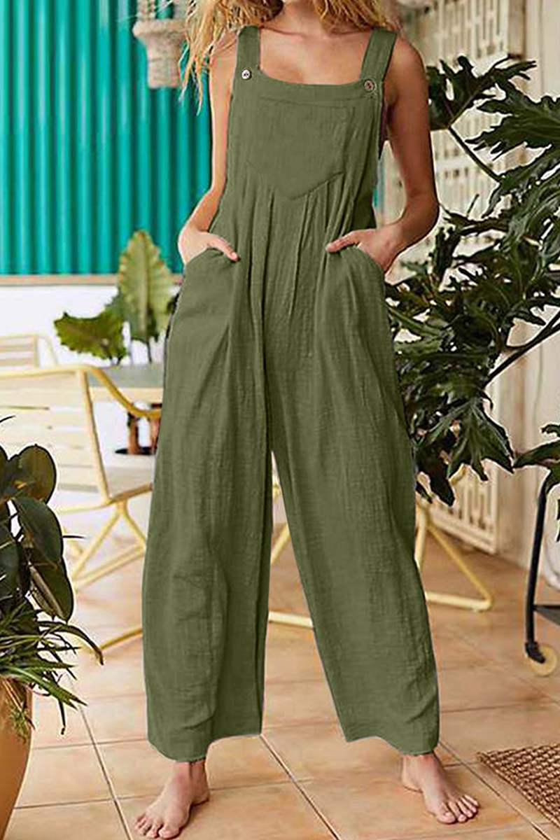 Solid Pocket Buttons Square Collar Jumpsuits