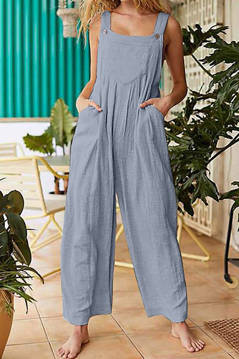 Solid Pocket Buttons Square Collar Jumpsuits