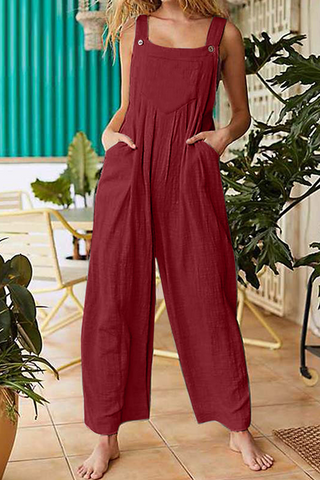 Solid Pocket Buttons Square Collar Jumpsuits