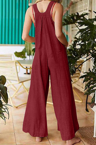 Solid Pocket Buttons Square Collar Jumpsuits