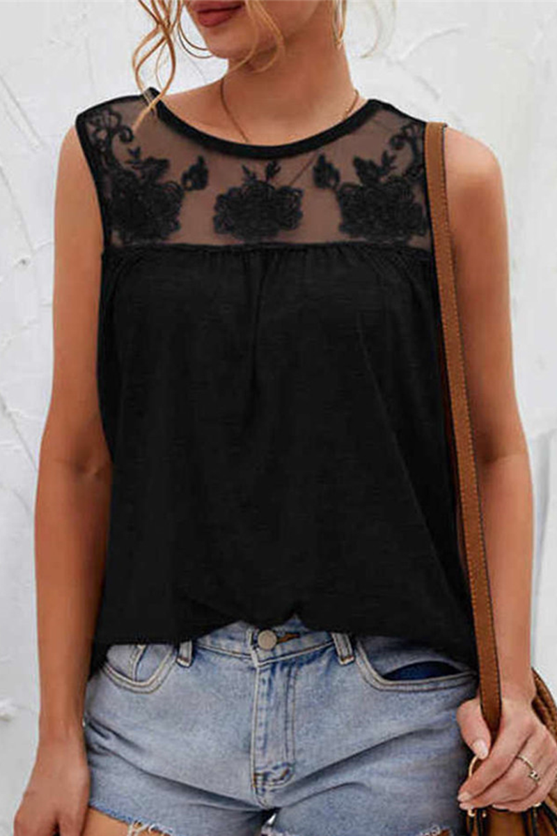 Solid Lace Mesh O Neck T-Shirts