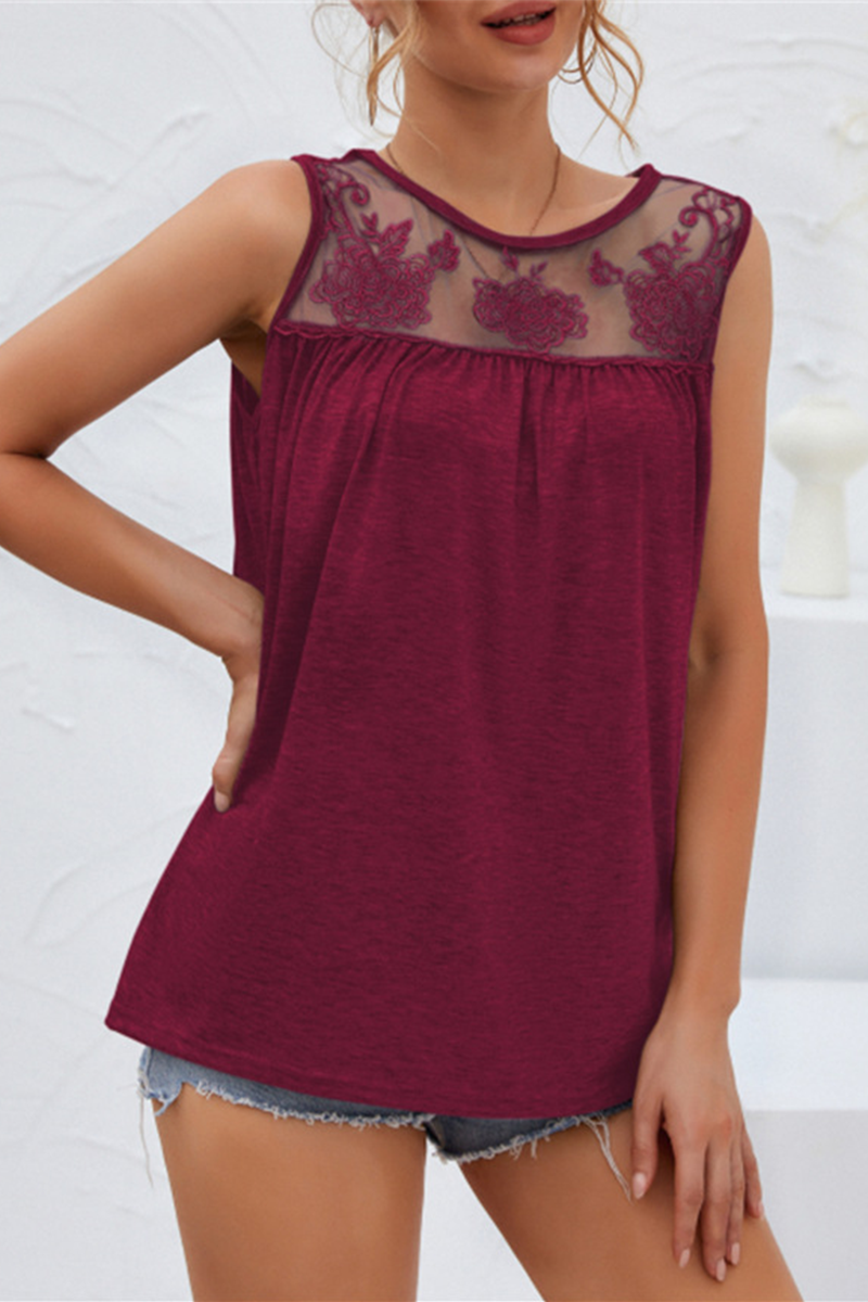 Solid Lace Mesh O Neck T-Shirts