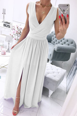 Solid Split Joint V Neck A Line Dresses