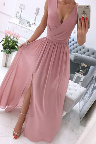 Solid Split Joint V Neck A Line Dresses