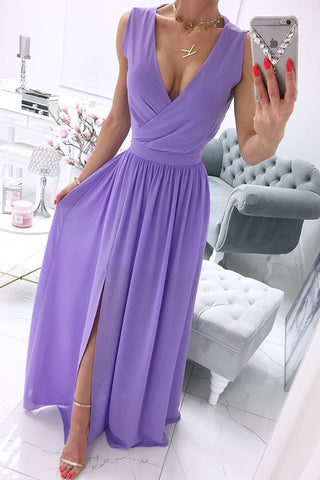 Solid Split Joint V Neck A Line Dresses