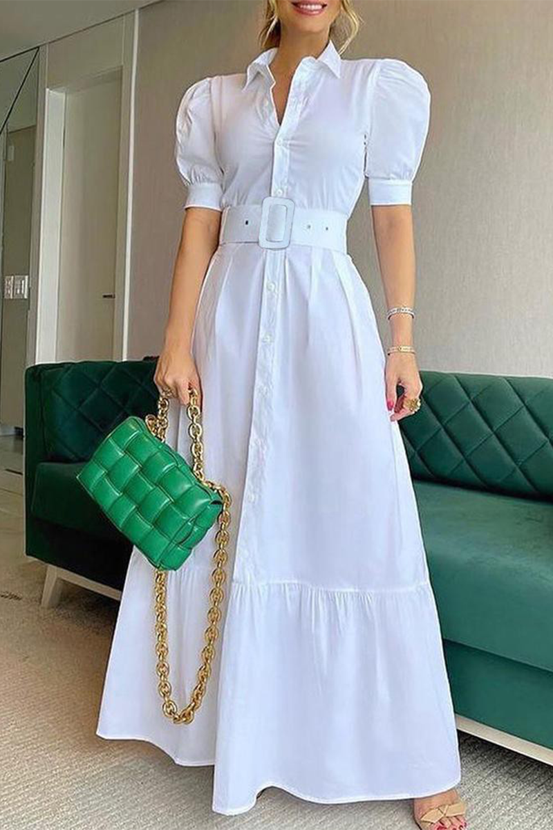 Striped Solid Buckle With Belt Shirt Collar A Line Dresses