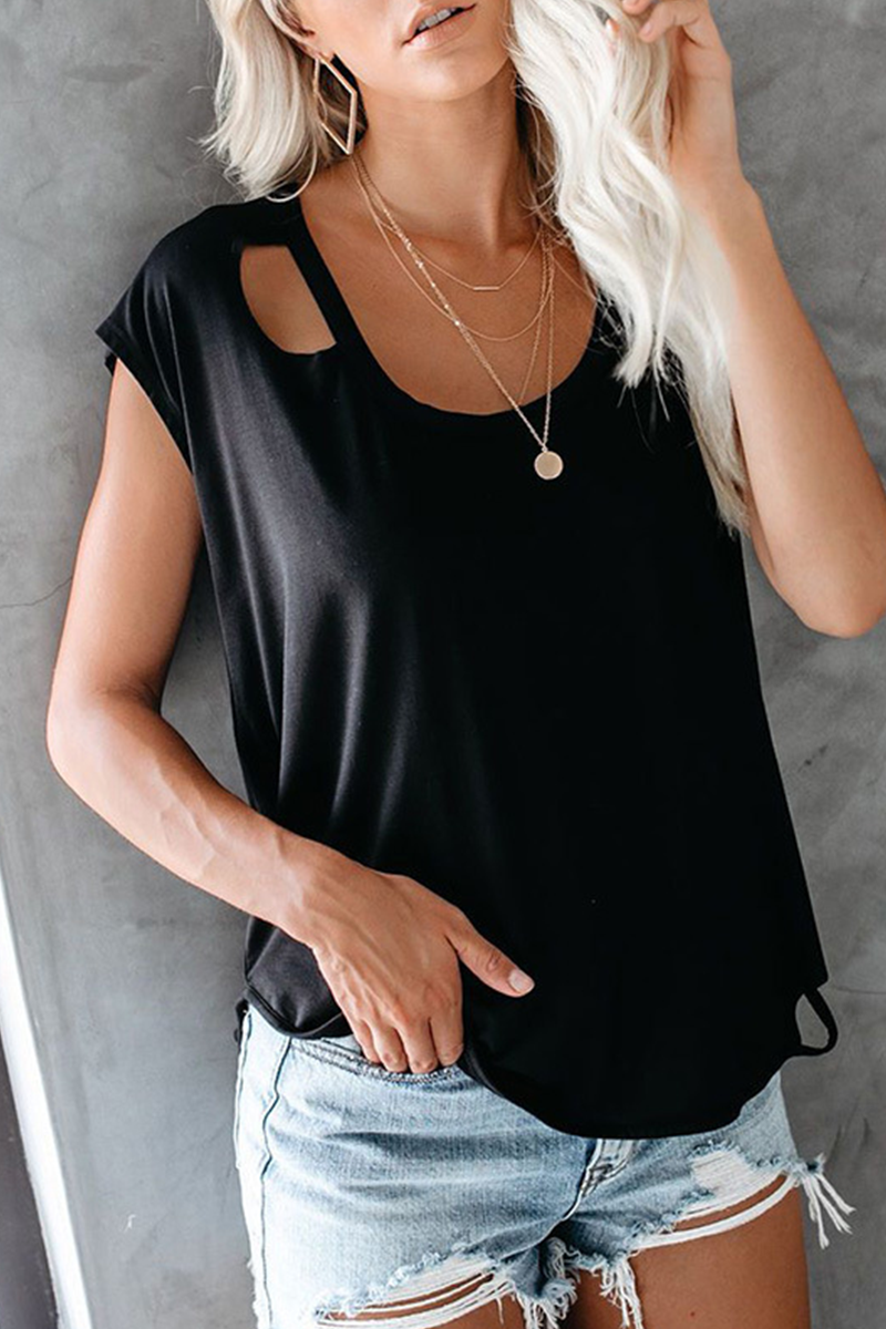 Solid Ripped O Neck T-Shirts