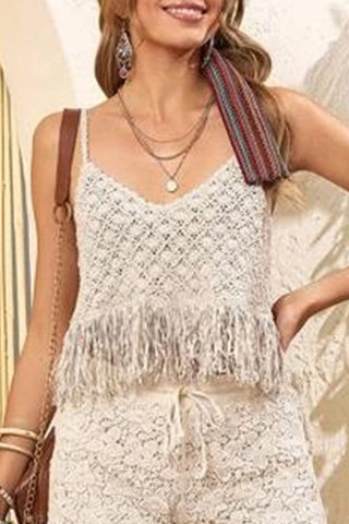 Solid Tassel V Neck Tops