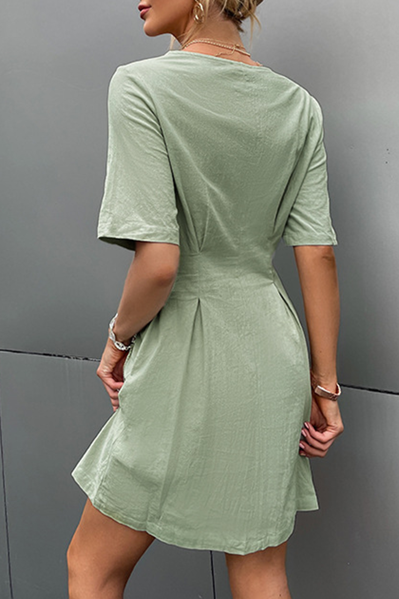 Solid Buckle V Neck A Line Dresses