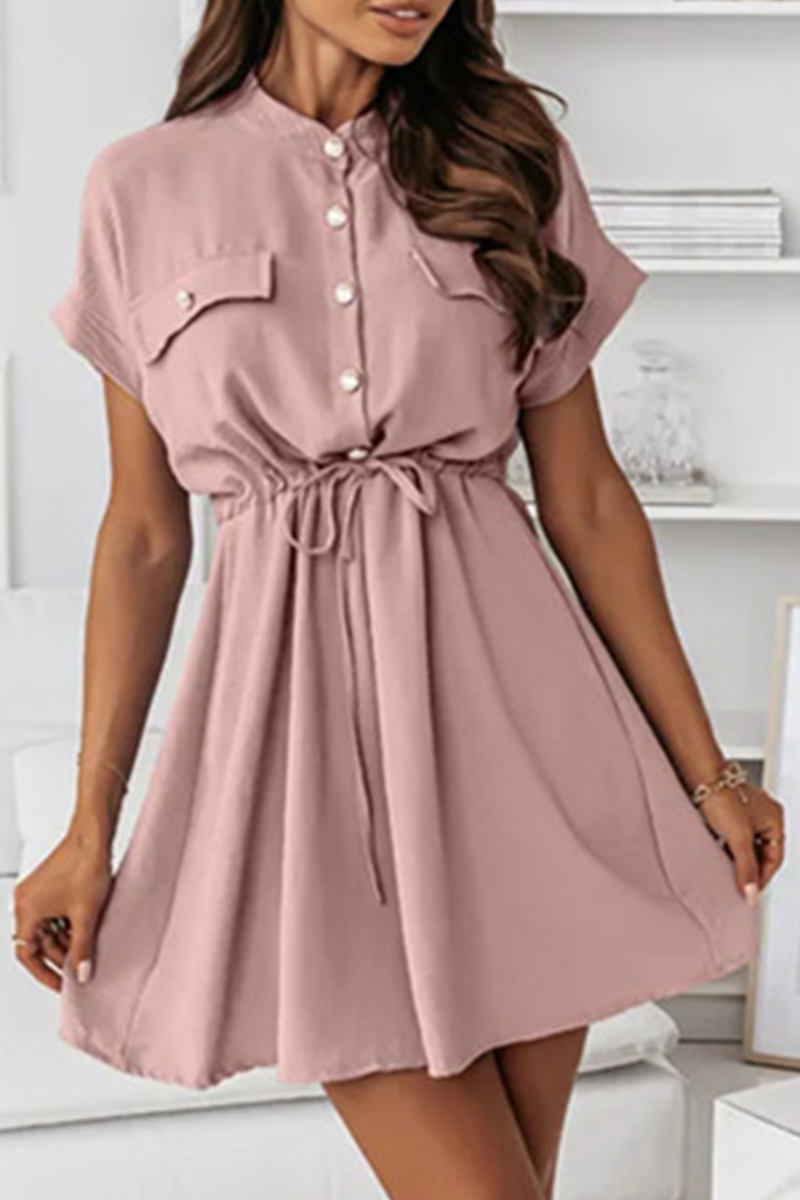 Solid Draw String Buckle O Neck A Line Dresses