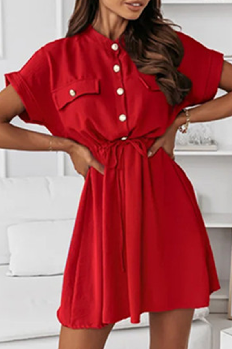 Solid Draw String Buckle O Neck A Line Dresses