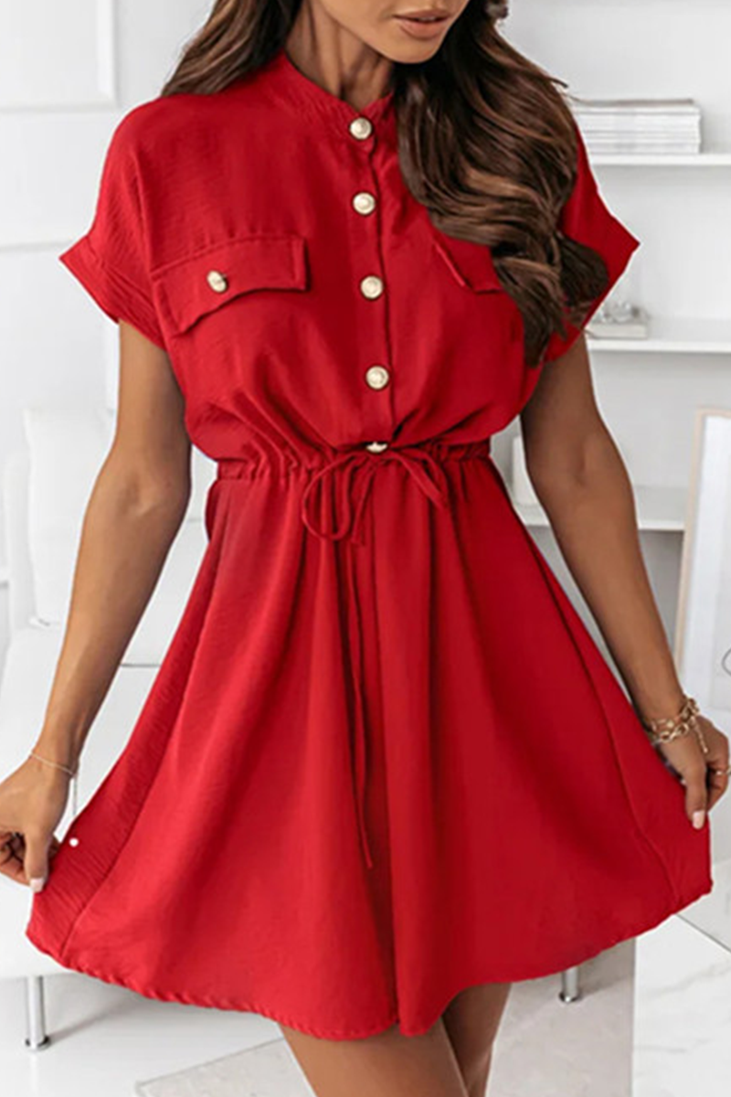 Solid Draw String Buckle O Neck A Line Dresses