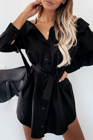 Solid Buckle With Belt Off the Shoulder Irregular Dress Dresses