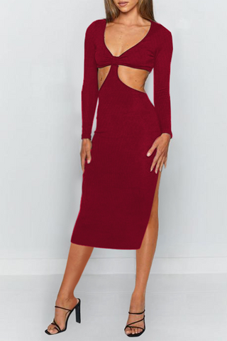 Solid Hollowed Out Backless Slit V Neck Pencil Skirt Dresses