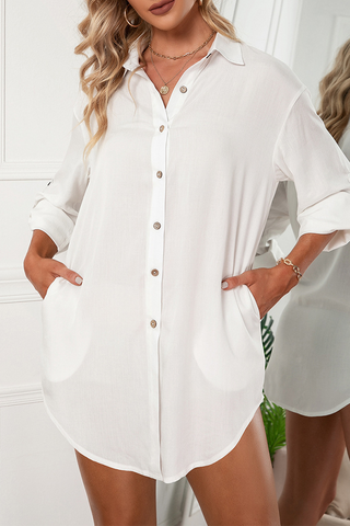 Solid Buckle Turndown Collar Shirt Dress