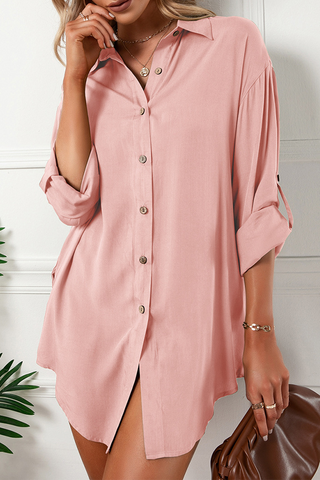 Solid Buckle Turndown Collar Shirt Dress