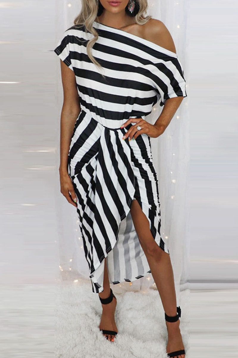 Striped Split Joint Off the Shoulder Irregular Dresses