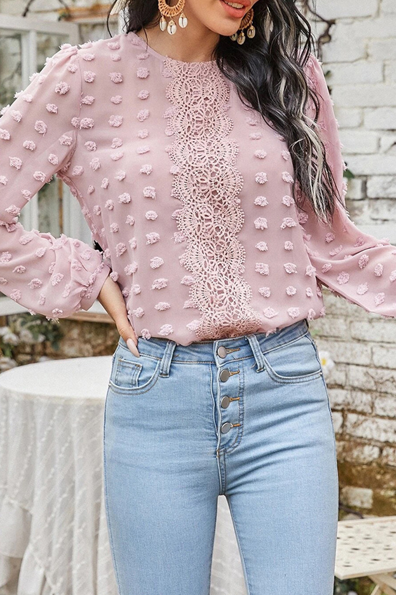 Solid Lace Split Joint O Neck Tops