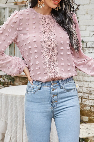 Solid Lace Split Joint O Neck Tops