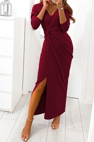 Solid Slit Fold V Neck Evening Dress Dresses