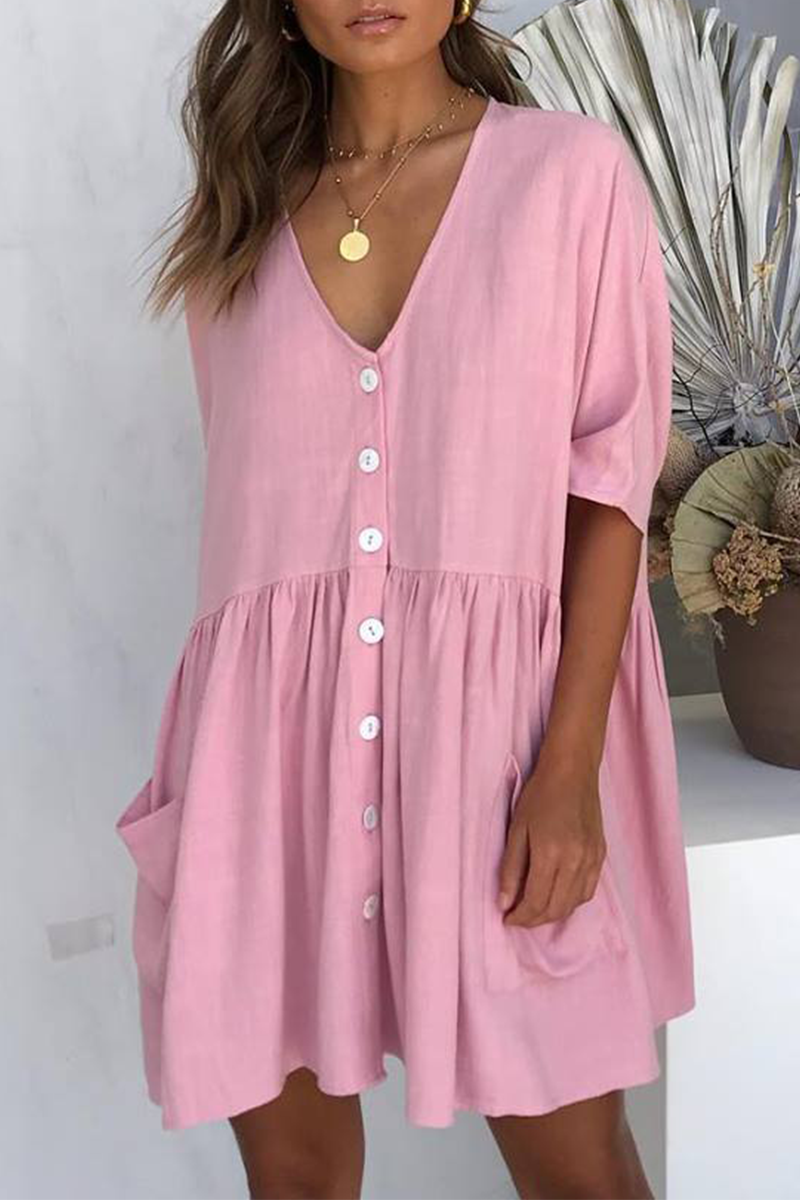 Solid Pocket Buckle V Neck A Line Dresses