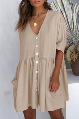 Solid Pocket Buckle V Neck A Line Dresses