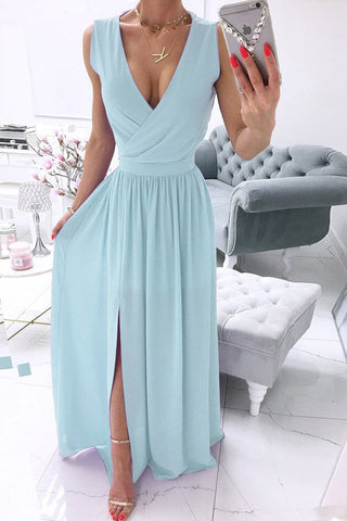 Solid Split Joint V Neck A Line Dresses