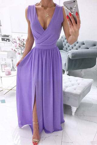 Solid Split Joint V Neck A Line Dresses