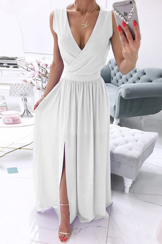 Solid Split Joint V Neck A Line Dresses