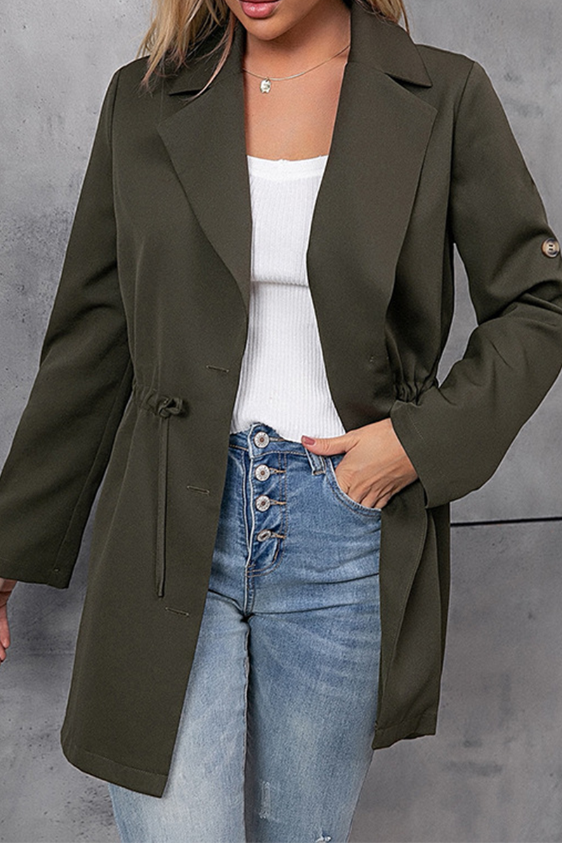 Solid Draw String Buttons Turn-back Collar Outerwear