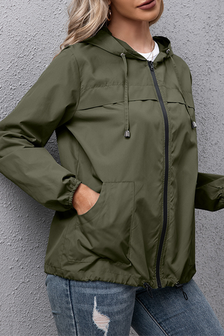 Solid Draw String Zipper Hooded Collar Outerwear