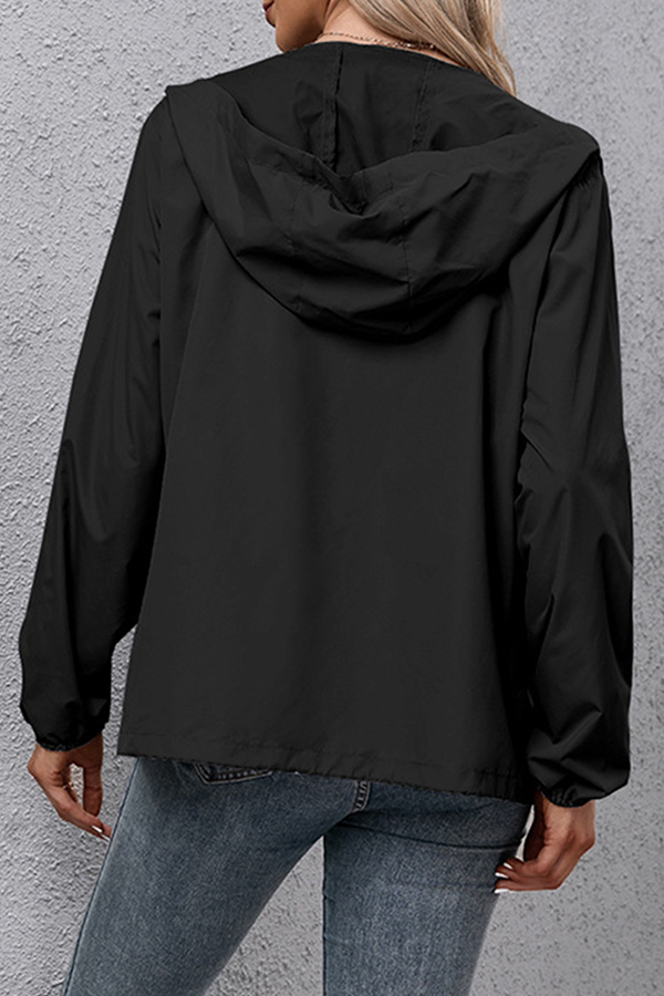 Solid Draw String Zipper Hooded Collar Outerwear