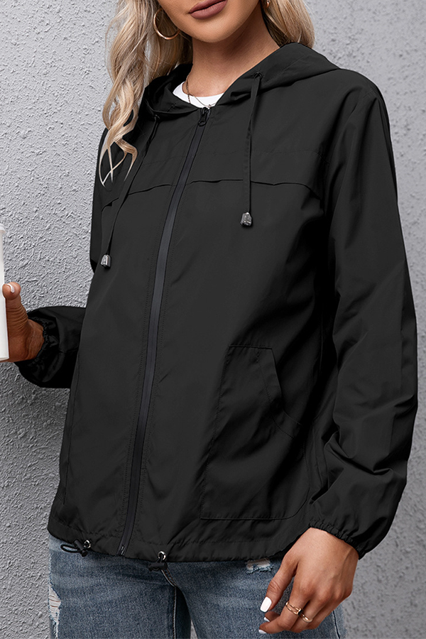 Solid Draw String Zipper Hooded Collar Outerwear