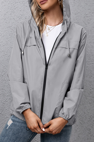 Solid Draw String Zipper Hooded Collar Outerwear