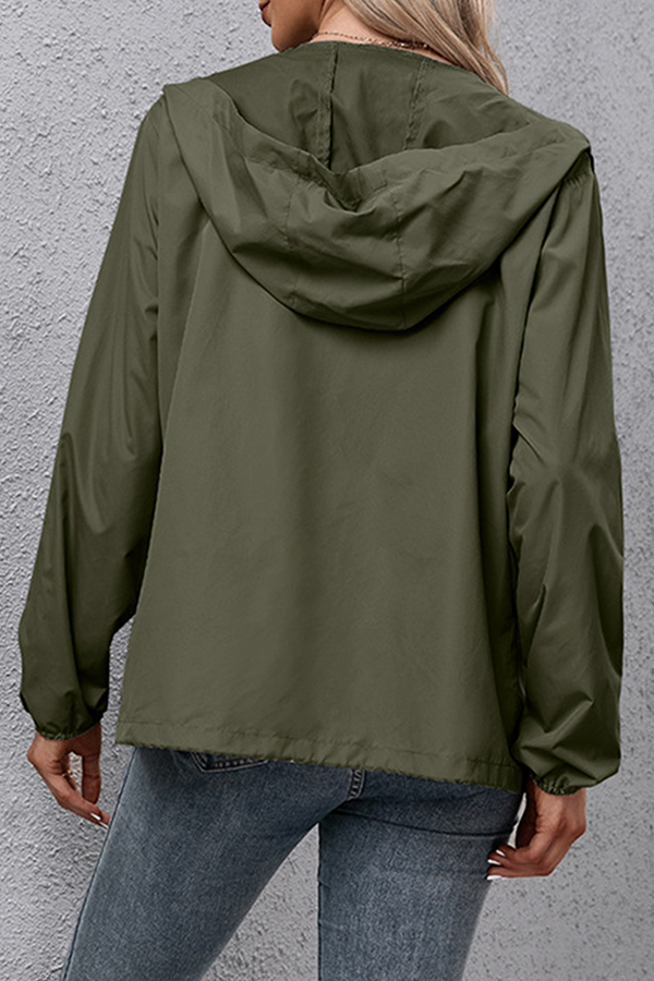 Solid Draw String Zipper Hooded Collar Outerwear