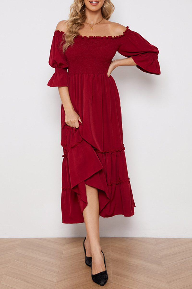 Solid Split Joint Stringy Selvedge Off the Shoulder Dresses