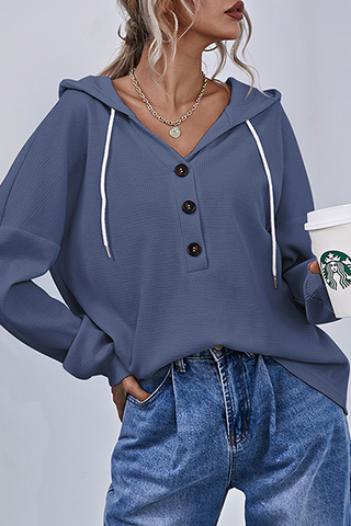 Solid Draw String Buttons Hooded Collar Tops