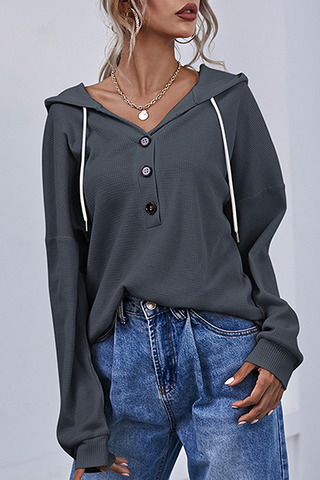 Solid Draw String Buttons Hooded Collar Tops