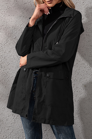 Solid Pocket Buckle Zipper Hooded Collar Outerwear