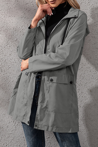 Solid Pocket Buckle Zipper Hooded Collar Outerwear