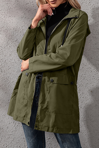 Solid Pocket Buckle Zipper Hooded Collar Outerwear