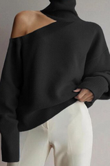 Solid Hollowed Out Split Joint Turtleneck Tops Sweater