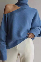 Solid Hollowed Out Split Joint Turtleneck Tops Sweater