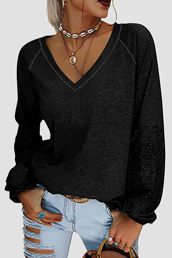 Solid Lace Split Joint V Neck T-Shirts