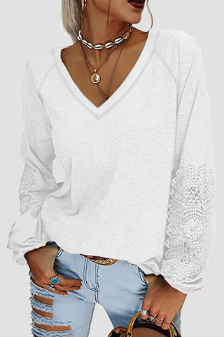 Solid Lace Split Joint V Neck T-Shirts