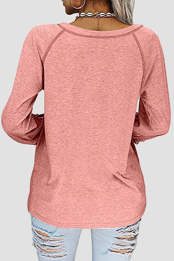 Solid Lace Split Joint V Neck T-Shirts